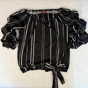 Vince Camuto Black & White Striped Off Shoulder Blouse S Ruffle Sleeve Tie Front